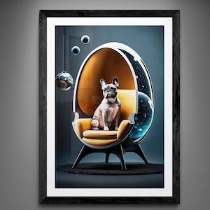 Puede incluir: Un bulldog francés blanco se sienta en una silla amarilla con forma de huevo con una galaxia en su interior. La silla está sobre una alfombra negra frente a una pared azul. Hay tres pequeños planetas colgando del techo.
