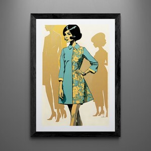 May include: A framed illustration of a woman in a blue and yellow patterned dress. She is standing in front of two other figures, who are partially obscured.