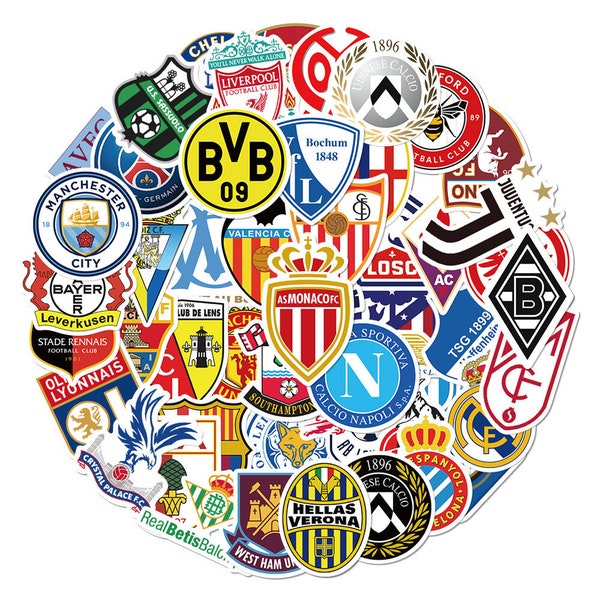 50 autocollants de logo d'équipes de football, logo de l'équipe nationale de club de football, autocollants laser A4, autocollants de voiture