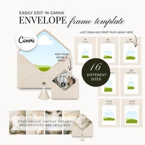 May include: A digital envelope frame template for Canva featuring a textured cream envelope with a tassel, displaying 16 different sizes including 4x6, 5x7, 5.12x7.48, 3.54x5.71, 5x5, and 6x9 inches, plus four vintage-style background designs.