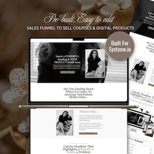 Może przedstawiać: Laptop wyświetlający szablon lejka sprzedażowego strony internetowej. Ekran pokazuje wizerunek kobiety i tekst: "Insert a POWERFUL heading & YOUR PRODUCT NAME here." Dodatkowe ekrany i tekst: "Pre-built, Easy to edit." oraz "SALES FUNNEL TO SELL COURSES & DIGITAL PRODUCTS."