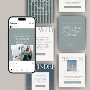 May include: A smartphone displays an Instagram post with text: "Consistency alone won't grow you." Surrounding the phone are several promotional graphics in shades of gray and blue, with text like "The Obvious Thing Everyone Misses."