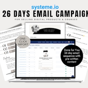 Può includere: Un computer portatile che mostra una sequenza di campagna di email di 26 giorni per la vendita di prodotti e corsi digitali. Lo schermo mostra una tabella con colonne per il giorno, l'oggetto, il contenuto e altri dettagli. Il testo "Done for You 26 day email sequence with pre written content" è visualizzato su un cerchio nero nell'angolo in basso a destra dell'immagine.