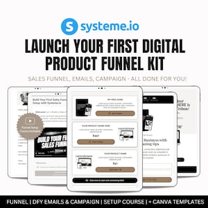 May include: Image promoting a digital product funnel kit. The image features tablets displaying sales funnel, email, and campaign information. Text includes "Launch Your First Digital Product Funnel Kit" and "Sales Funnel, Emails, Campaign - All Done For You!"