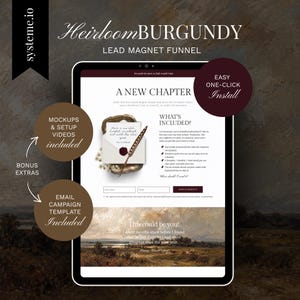 May include: A digital tablet displaying a landing page titled A NEW CHAPTER with a burgundy and white color scheme. The screen features an envelope with a wax seal, a quill pen, and text detailing a lead magnet funnel with bonus extras included.