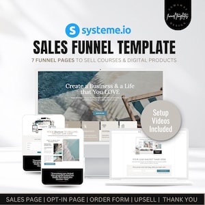 Puede incluir: Imagen de marketing digital que promociona una plantilla de embudo de ventas. La imagen muestra una computadora portátil y un teléfono inteligente que muestran páginas web. El texto incluye "Sales Funnel Template" y "Create a Business & a Life that You LOVE."
