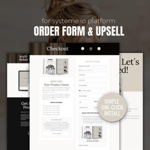 May include: A digital marketing graphic with the text "ORDER FORM & UPSELL" and "Checkout". The image shows a website order form with fields for customer details and product information. A button reads "SIMPLE ONE-CLICK INSTALL".