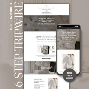 Puede incluir: Una página de destino de marketing digital con el texto "6 STEP TRIPWIRE" y "built for systeme.io". Un teléfono inteligente muestra un sitio web con el texto "This is hands down the single most valuable investment I've made for my business."