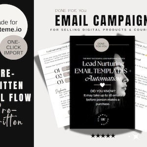 May include: A black and white image of a woman's face with the text "Lead Nurturing Email Templates + Automation" and "Did you know? It may take up to 18 emails before a person makes a purchase."  The image is surrounded by a white border and has five stars below it.