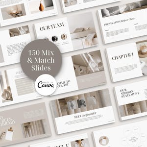 May include: A collection of 150 presentation slides featuring a neutral color palette with beige and white tones. The slides include text headers such as Our Team, Chapter 1, and Our Mission Statement, alongside imagery of architectural columns, a pear, and textiles.
