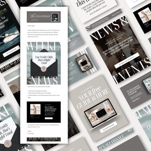 Puede incluir: Una colección de materiales de marketing con un diseño moderno. El diseño incluye boletines, guías y gráficos promocionales en tonos de negro, blanco y gris. El texto incluye "Real Results", "Weekly Ohhh, That's Helpful Email" y "Your Free Guide is Here".