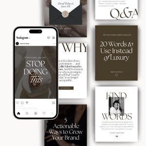 Könnte beinhalten: Eine Sammlung digitaler Marketinginhalte, darunter ein Smartphone, das einen Instagram-Beitrag mit dem Text "STOP DOING This" anzeigt. Weitere Grafiken enthalten Texte wie "20 Wörter, die man anstelle von Luxus verwenden kann" und "5 umsetzbare Möglichkeiten, Ihre Marke auszubauen."