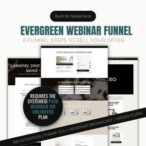 Peut inclure: Publicité pour un entonnoir de webinaire permanent, avec le texte "EVERGREEN WEBINAR FUNNEL" et "6 FUNNEL STEPS TO SELL YOUR OFFER". L'image montre plusieurs maquettes de sites Web, dont un formulaire d'inscription et une page de remerciement. Le texte "REQUIRES THE SYSTEMEIO PAID WEBINAR OR UNLIMITED PLAN" est également visible.