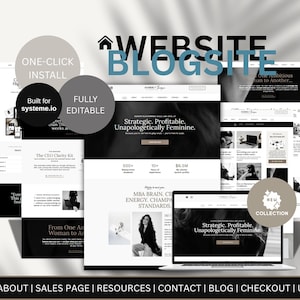 May include: A digital marketing graphic with the words "WEBSITE BLOGSITE" and website mockups. The mockups display website designs with text such as "Strategic, Profitable, Unapologetically Feminine." Additional text includes "ONE-CLICK INSTALL" and "FULLY EDITABLE."