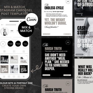 May include: A set of nine Instagram post templates for a fitness or wellness brand. The templates feature black and white images with text overlays. The text includes phrases like "The Endless Cycle", "The Harsh Truth", and "Case Study: After Years of Struggling".