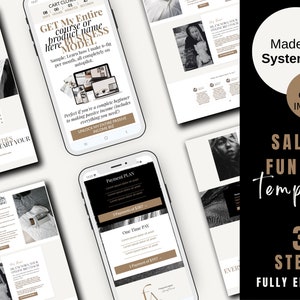 May include: A mockup of a sales funnel template for a digital product. The template is designed for use with Systeme.io and features a three-step process. The template is fully editable and includes a payment plan section with options for one-time payment or three payments.