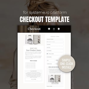 Pode incluir: Um modelo de site para a plataforma systeme.io. O design apresenta uma página de checkout com um formulário de pedido, detalhes do produto e um botão "SIMPLE ONE-CLICK INSTALL". O texto inclui "CHECKOUT TEMPLATE" e "$1247 USD".