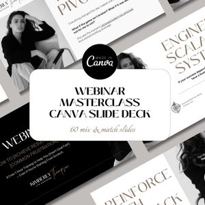Op de afbeelding: Een Canva-slide deck voor een webinar masterclass, met een strak, modern design. Het deck bevat 60 mix-and-match slides met tekst en afbeeldingen. Het algemene thema is gericht op business en life coaching.