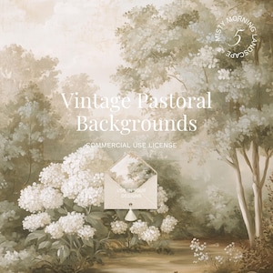 Pode incluir: Um gráfico digital apresentando uma paisagem pastoral em tons de bege e branco com árvores e flores. O texto diz: Misty Morning Landscape 5, Vintage Pastoral Backgrounds, Commercial Use License e Use In Your Designs num envelope.