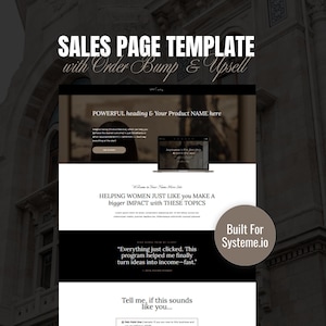 Puede incluir: Una plantilla de página de ventas de sitio web con el texto "SALES PAGE TEMPLATE with Order Bump & Upsell". La página incluye secciones para encabezados, información del producto y testimonios. El diseño es moderno y limpio, centrado en la experiencia del usuario.