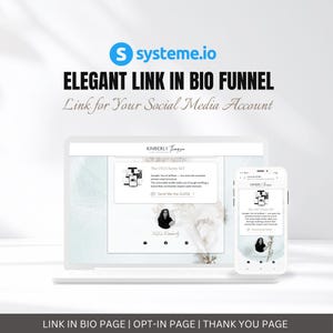 以下が含まれることがあります： ラップトップとスマートフォンは、「ELEGANT LINK IN BIO FUNNEL」と「Link for Your Social Media Account」というテキストを含むウェブサイトのデザインを表示しています。 ウェブサイトには「The CEO Clarity KIT」というテキストとボタンが含まれています。