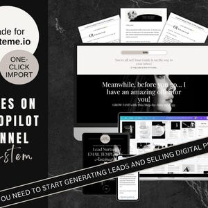 May include: A digital marketing graphic with the text "Sales on Autopilot Funnel System" and "All you need to start generating leads and selling digital products." The image includes a computer, tablet, and phone displaying website templates.