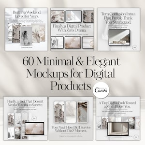May include: A promotional image featuring six square mockups with text and images. The text includes phrases like "Built in a Weekend," "Digital Product," and "60 Minimal & Elegant Mockups for Digital Products." The Canva logo is also visible.