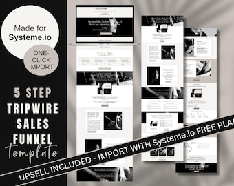 Modelo de funil de vendas Tripwire do Systeme.io: opt-in para lead magnet, páginas de pagamento para vendas, upsell