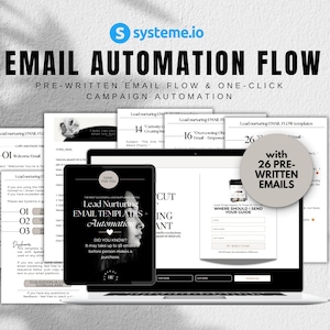 May include: An advertisement for email automation software. The image shows a laptop and tablet displaying email templates, with the text "EMAIL AUTOMATION FLOW" and "26 PRE-WRITTEN EMAILS". The Systeme.io logo is at the top.