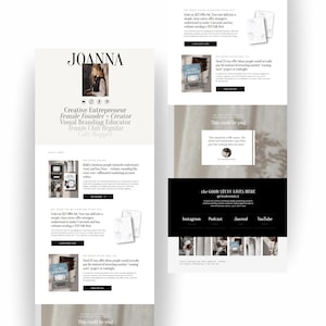 Könnte beinhalten: Ein digitales Layout für eine Website einer persönlichen Marke mit dem Namen Joanna, einem Profilfoto und Abschnitten mit den Titeln Creative Entrepreneur, The Offer Atelier und The Micro-Offer Idea List, mit schwarzem Text auf weißem Hintergrund.