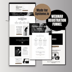 Peut inclure: Une conception de site Web en noir et blanc pour un entonnoir d'inscription à un webinaire. Le site Web présente une vidéo, un appel à l'action pour sécuriser votre accès avant la fin du délai et le texte "Hooray, your spot is saved!"