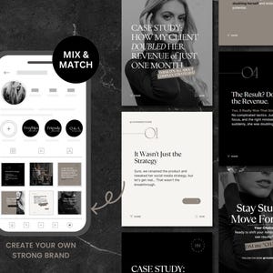 Könnte beinhalten: Ein schwarz-weißes Grafikdesign mit dem Text "Mix & Match" und "Create Your Own Strong Brand". Das Grafikdesign enthält auch eine Fallstudie über einen Kunden, der seinen Umsatz in einem Monat verdoppelt hat. Die Fallstudie enthält den Text "It Wasn't Just the Strategy" und "The Result? Double the Revenue."