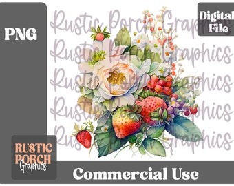 Watercolor Strawberries Bouquet,  Clipart,  Commercial Use, Digital Download, Cream, Red, Green, Clipart, Transparent Background