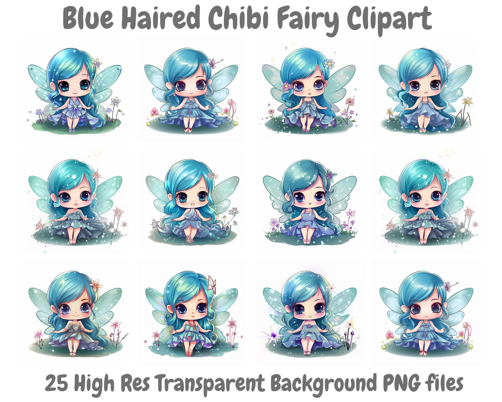 32 Magical Chibi Style Fairy Clipart High Quality PNG Files 