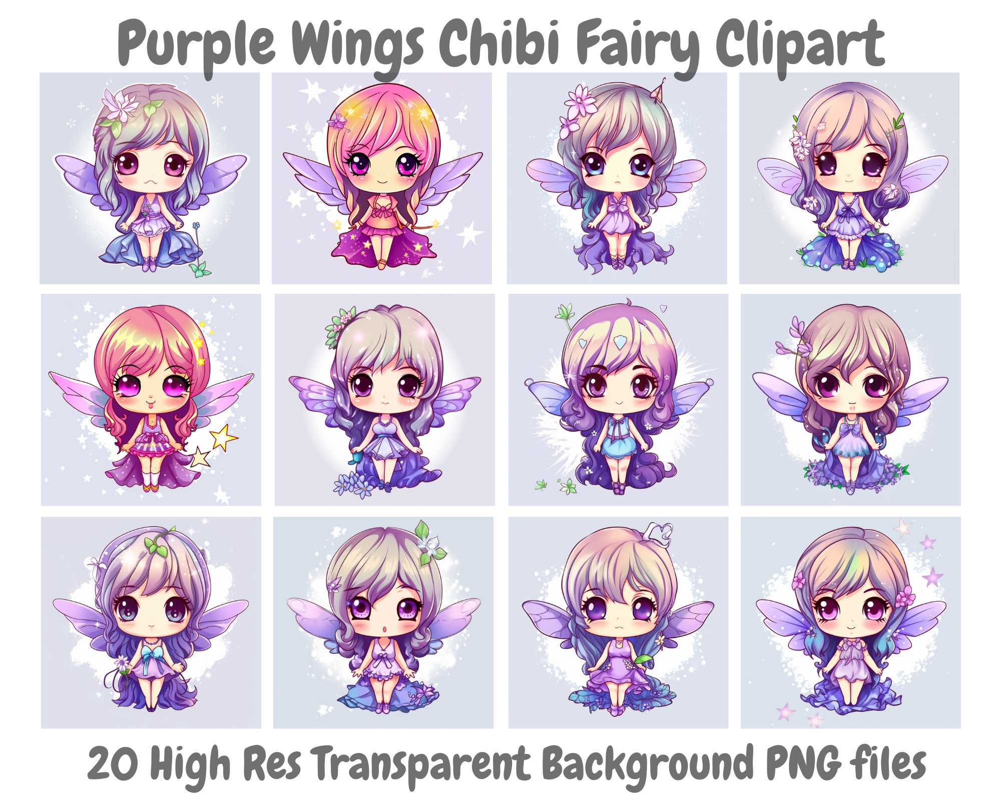 32 Magical Chibi Style Fairy Clipart High Quality PNG Files 