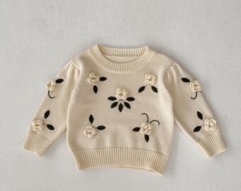 Handmade Knitted Flowers Embroidery Leaves Design Pullover