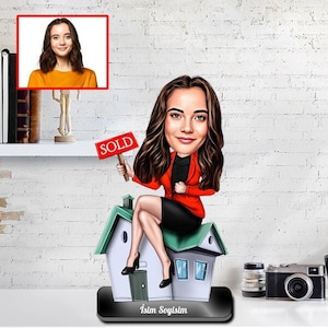 Regalos de baratijas de agente inmobiliario femenino personalizados, figura en miniatura de caricatura de bienes raíces personalizada para mujeres, regalo de nuevo trabajo, regalo de cierre de casa
