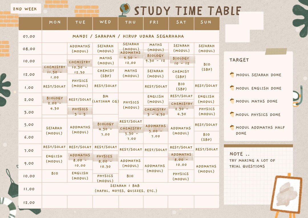 Study Time Table Template - Etsy