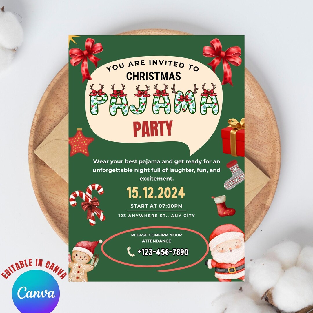 Editable Christmas Pajama Party Invitation, Canva Template, Digital