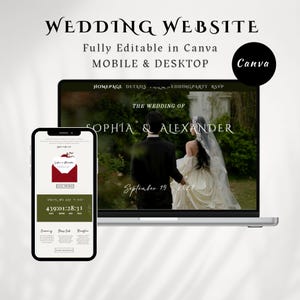 Op de afbeelding: Een digitale trouwwebsite-sjabloon voor mobiel en desktop, volledig bewerkbaar in Canva. Het ontwerp heeft een donkergroen en wit kleurenschema en toont een koppel, de tekst "The Wedding of Sophia & Alexander" en een afteltimer.