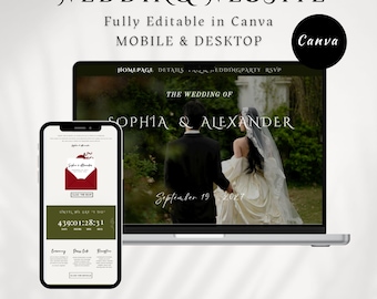 Modello di sito web per matrimoni moderno ed elegante con modulo RSVP / Modello Canva modificabile / Download digitale