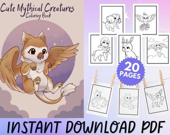 Cute Mythical Creatures Coloring Book, Fantasy Animals and Beast Coloring Pages, Printable PDF,  Digital Download