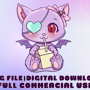 Süße Pastel Goth Kitty mit Saft | Yami Kawaii Anime Charakter| Sublimationsdatei | PNG Clipart