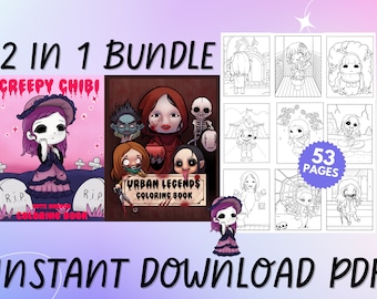 53 Creepy Horror Chibi Collection, Digital Coloring Pages, Bundle 2 in 1, Japanese Urban legends and Creepy Horror Chibi
