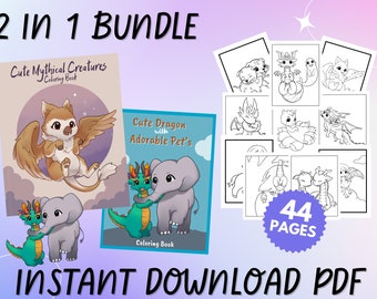 44 Cute Beasts Collection, Digital Coloring Pages, Bundle 2 in 1, Cute Mythical Beasts and Dragons with Pets