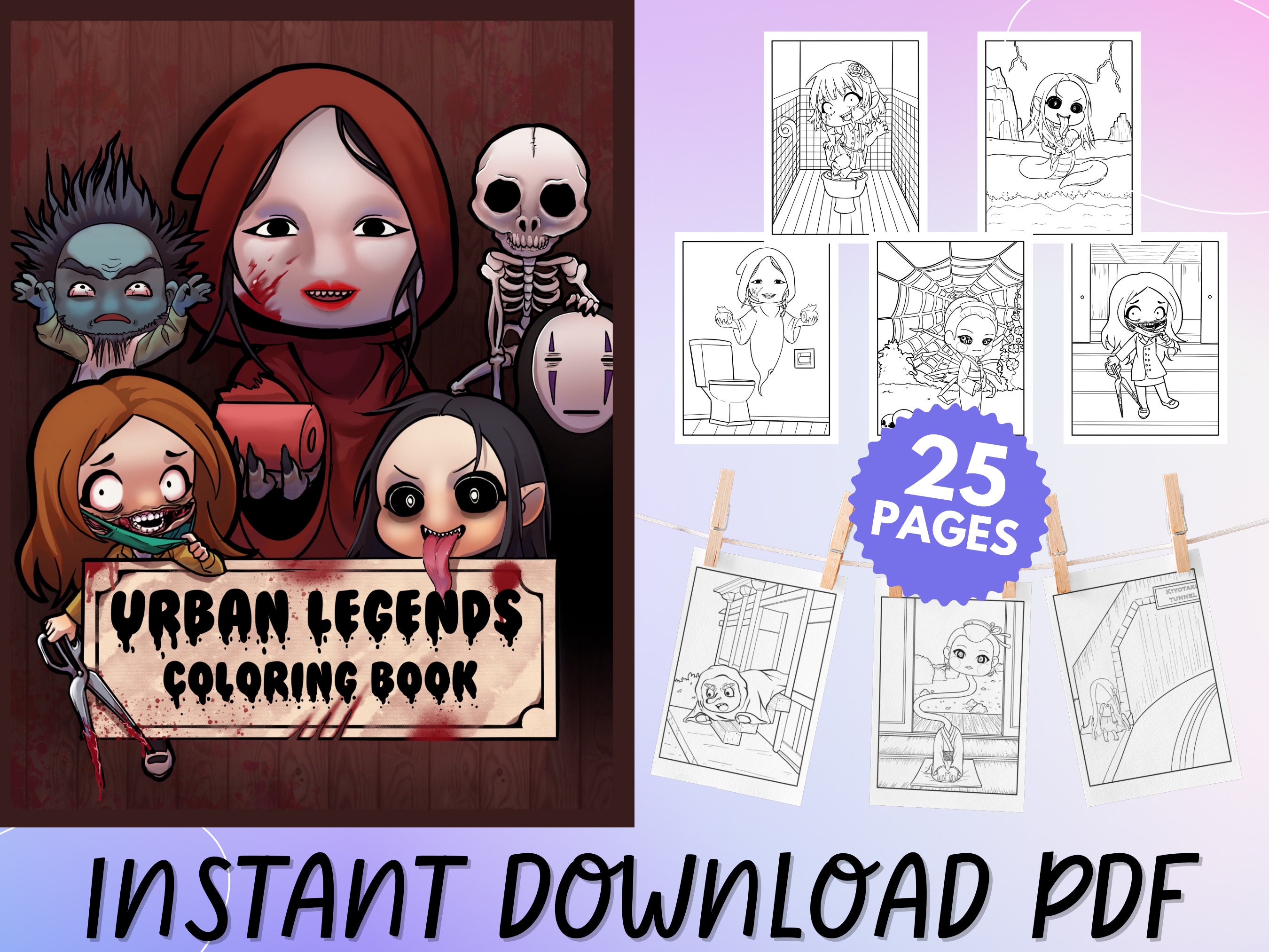 Urban Legends Coloring Book, Japanese Spooky Folklore Coloring Pages, Printable PDF,  Digital Download