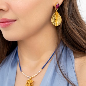 Gold Plated Brass Earrings with Ruby Stone: Leaf Design