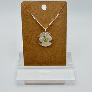 May include: A silver necklace with a clear, circular pendant. The pendant encases a pressed, light-colored flower with yellow and green details. The necklace is displayed on a brown card and a clear acrylic stand.