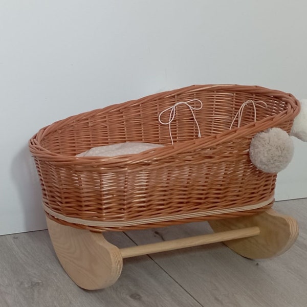 Eco Play bed for doll, Wicker cradle for dolls in Natural color + bedding and pompoms. A cot for dolls made of wicker and wood KDL 42