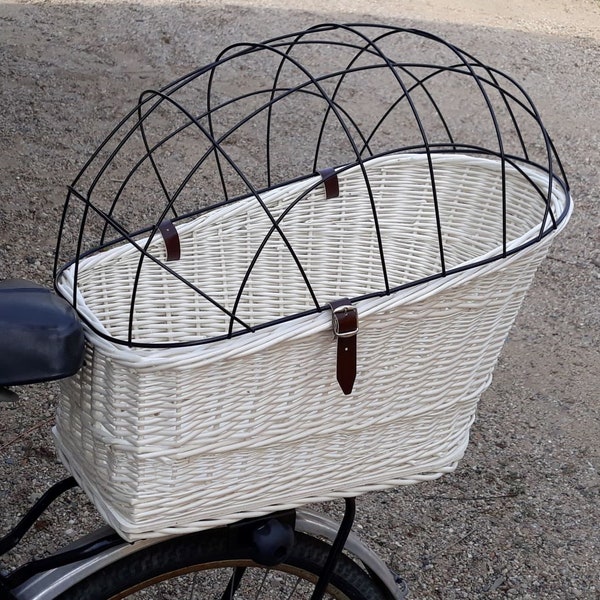 Panier de vélo pour chien avec grille et coussin, transporteur en saule BLANC, cadeau pour voyageur avec animal de compagnie, accessoire de vélo, voyage avec animal de compagnie - SAC 02